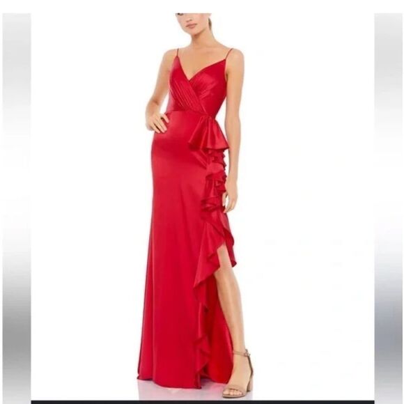Mac Duggal 67815 Satin Ruffle Asymmetrical Gown Red | Size 8 - Picture 2 of 9